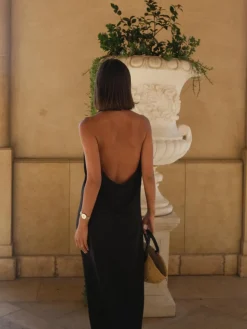 COMMENSE Halter Backless Satin Long Dress* Black Dresses|Vacation Dresses