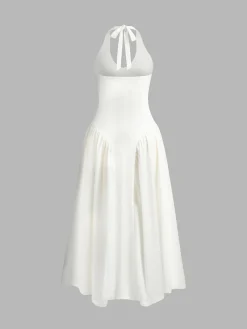 COMMENSE Halter Backless Zipper Low Cut Dress* White Dresses|Casual Dresses