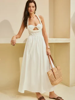 COMMENSE Halter Cutout Backless Dress* White Dresses|Casual Dresses