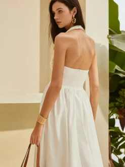 COMMENSE Halter Cutout Backless Dress* White Dresses|Casual Dresses
