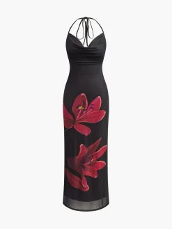 COMMENSE Halter Drawstring Backless Floral Dress* Black Dresses|Floral Dresses