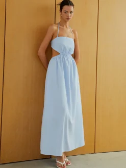 COMMENSE Halter Elastic Waist Cutout Long Pocket Dress* Cocktail & Party Dresses|Vacation Dresses