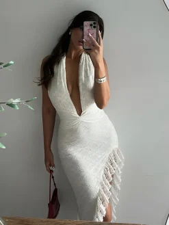 COMMENSE Halter Low-Cut Asymmetrical Ruffle Hem Lace Dress* White Dresses|Cocktail & Party Dresses