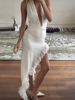 COMMENSE Halter Low-Cut Asymmetrical Ruffle Hem Lace Dress* White Dresses|Cocktail & Party Dresses