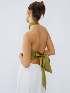 COMMENSE Halter Neck Twist Open Back Satin Crop Top* Crop Tops|Blouses & Shirts