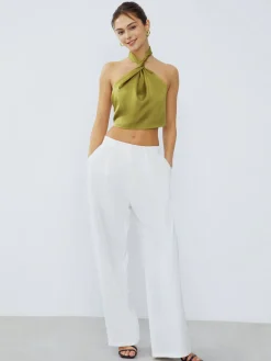 COMMENSE Halter Neck Twist Open Back Satin Crop Top* Crop Tops|Blouses & Shirts