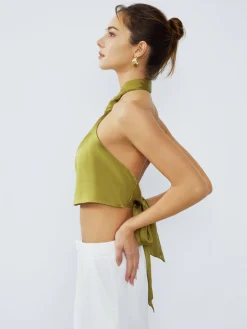 COMMENSE Halter Neck Twist Open Back Satin Crop Top* Crop Tops|Blouses & Shirts