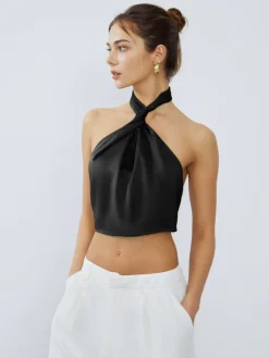 COMMENSE Halter Neck Twist Open Back Satin Crop Top* Crop Tops|Blouses & Shirts