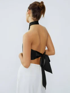 COMMENSE Halter Neck Twist Open Back Satin Crop Top* Crop Tops|Blouses & Shirts