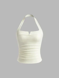 COMMENSE Halter Pleated Ribbed Tank Top* Tank Tops & Camis|Tops