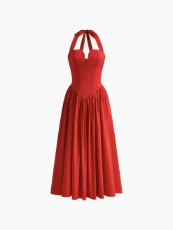 COMMENSE Halter Sweetheart Pleated Midi Dress* Cocktail & Party Dresses|Summer Dresses
