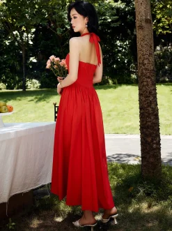 COMMENSE Halter Sweetheart Pleated Midi Dress* Cocktail & Party Dresses|Summer Dresses