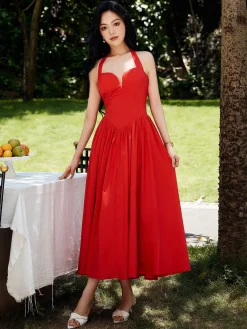 COMMENSE Halter Sweetheart Pleated Midi Dress* Cocktail & Party Dresses|Summer Dresses