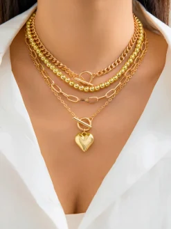 COMMENSE Heart Pendant Multi Chain Necklace* Necklaces|Accessories