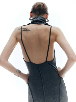 COMMENSE High Neck Backless Solid Dress* Casual Dresses|Work Dresses
