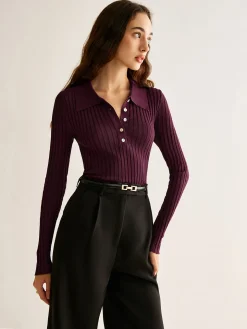 COMMENSE High Stretch Lapel Knit Top* Sweater Tops|Sweaters & Cardigans