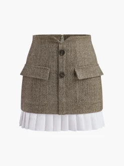 COMMENSE High-Waist Chevron Pleated Zipper Panel Skirt* Bottoms
