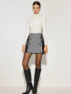 COMMENSE High-Waist Houndstooth Panel Faux Leather Skirt* Bottoms