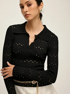 COMMENSE Hollow Button Polo Sweater Without Belt* Sweater Tops|Sweaters & Cardigans