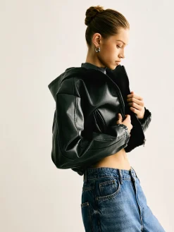 COMMENSE Hooded PU Leather Crop Jacket* Outerwear|Crop Tops