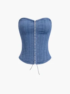 COMMENSE Hook-and-Eye Tie Back Tube Denim Top* Tank Tops & Camis|Denim