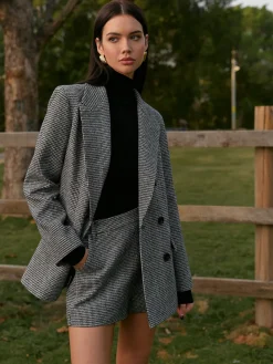 COMMENSE Houndstooth Button Tweed Blazer* Blazers|Outerwear