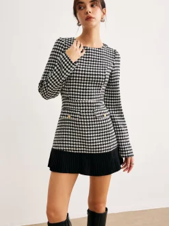 COMMENSE Houndstooth Panel Short Dress* White Dresses|Casual Dresses