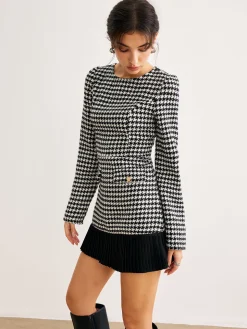 COMMENSE Houndstooth Panel Short Dress* White Dresses|Casual Dresses