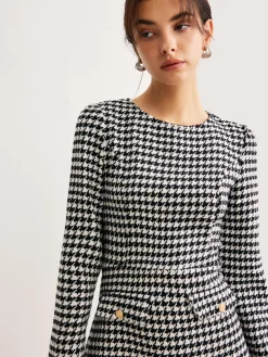 COMMENSE Houndstooth Panel Short Dress* White Dresses|Casual Dresses