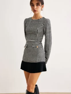 COMMENSE Houndstooth Panel Short Dress* White Dresses|Casual Dresses
