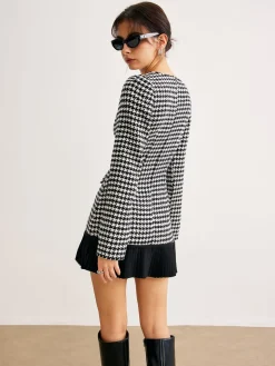 COMMENSE Houndstooth Panel Short Dress* White Dresses|Casual Dresses