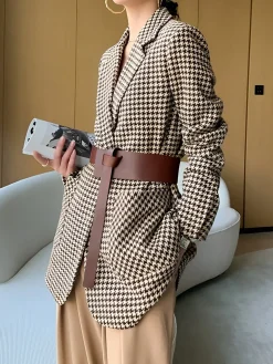 COMMENSE Houndstooth Split Blazer With Belt* Outerwear|Blazers