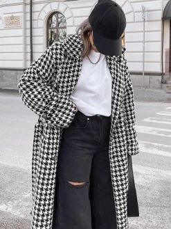COMMENSE Houndstooth Tweed Trench Coat* Outerwear|Coats