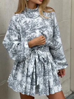 COMMENSE Ink Painting Print Tie Up A-Line Short Dress* Casual Dresses|Summer Dresses