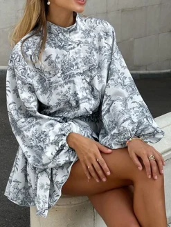 COMMENSE Ink Painting Print Tie Up A-Line Short Dress* Casual Dresses|Summer Dresses