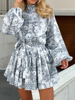 COMMENSE Ink Painting Print Tie Up A-Line Short Dress* Casual Dresses|Summer Dresses