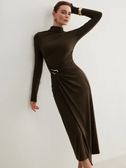 COMMENSE Irregular Metal-Ring Slit Pleated Dress* Black Dresses|Casual Dresses