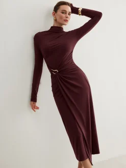 COMMENSE Irregular Metal-Ring Slit Pleated Dress* Black Dresses|Casual Dresses
