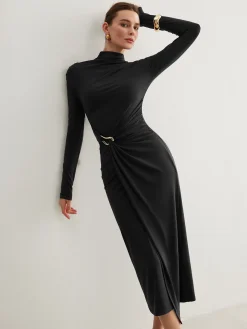 COMMENSE Irregular Metal-Ring Slit Pleated Dress* Black Dresses|Casual Dresses