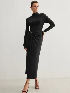 COMMENSE Irregular Metal-Ring Slit Pleated Dress* Black Dresses|Casual Dresses