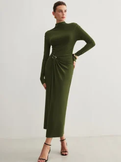 COMMENSE Irregular Metal-Ring Slit Pleated Dress* Black Dresses|Casual Dresses