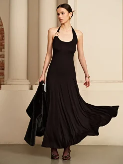COMMENSE Irregular-Ring Flowy Halter Dress* Black Dresses|Cocktail & Party Dresses