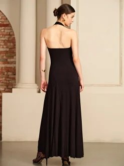 COMMENSE Irregular-Ring Flowy Halter Dress* Black Dresses|Cocktail & Party Dresses