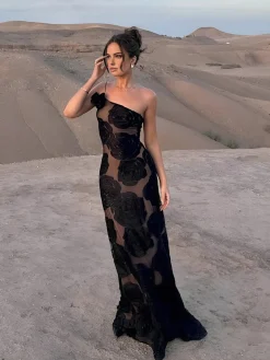 COMMENSE Jacquard Floral Asymmetrical Long Dress* Black Dresses|Casual Dresses
