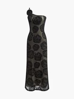 COMMENSE Jacquard Floral Asymmetrical Long Dress* Black Dresses|Casual Dresses