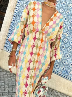 COMMENSE Jacquard Print V-Neck Dress* Casual Dresses|Cocktail & Party Dresses