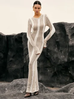 COMMENSE Jacquard Striped Crochet Long Dress* Sweater Dresses|Work Dresses