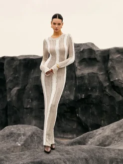 COMMENSE Jacquard Striped Crochet Long Dress* Sweater Dresses|Work Dresses