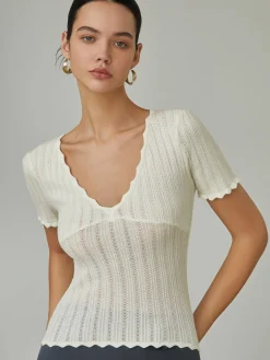 COMMENSE Keep It Simple Scalloped Pointelle Top* Sweater Tops|Sweaters & Cardigans