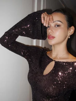 COMMENSE Keyhole Neckline Bell Sleeve Sequins Dress* Casual Dresses|Cocktail & Party Dresses